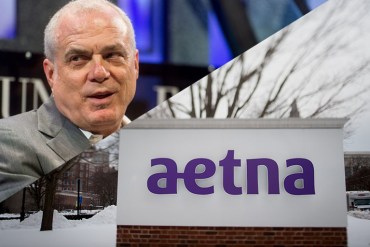 Aetna Chairman and CEO Mark Bertolini, and corporate headquarters in Hartford, Connecticut (Noah Berger/Fortune Global Forum via Flickr, Ron Antonelli/Bloomberg via Getty Images)