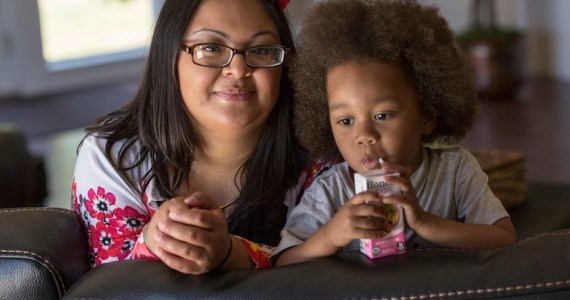 Kimberly Turbin, 29, and her son Rio Turbin, 3, in Stockton, Calif., on June 23, 2016. The video of her episiotomy is on YouTube and has been viewed more than 420,000. (Robert Durell for Kaiser Health News)