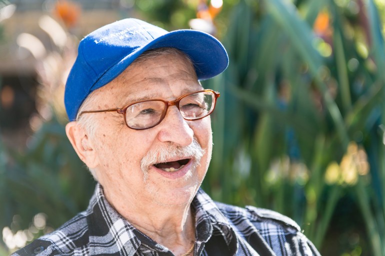 Herbert Schwartz sits in the courtyard of the Los Angeles Jewish Home in Reseda, California, on Tuesday, March 8, 2016.