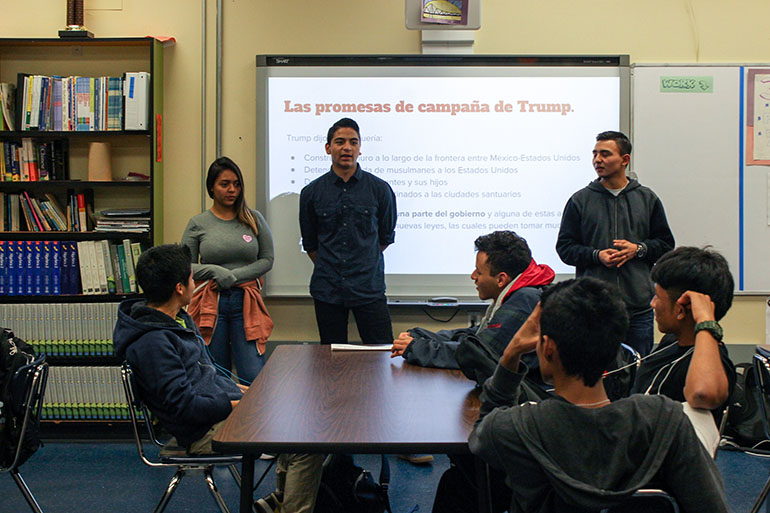 In an effort to allay fears after Donald Trump won the presidential election, seniors from Oakland International High School taught younger students about the electoral college, government checks and balances and their rights as immigrants. (Jocelyn Weiner for KHN)