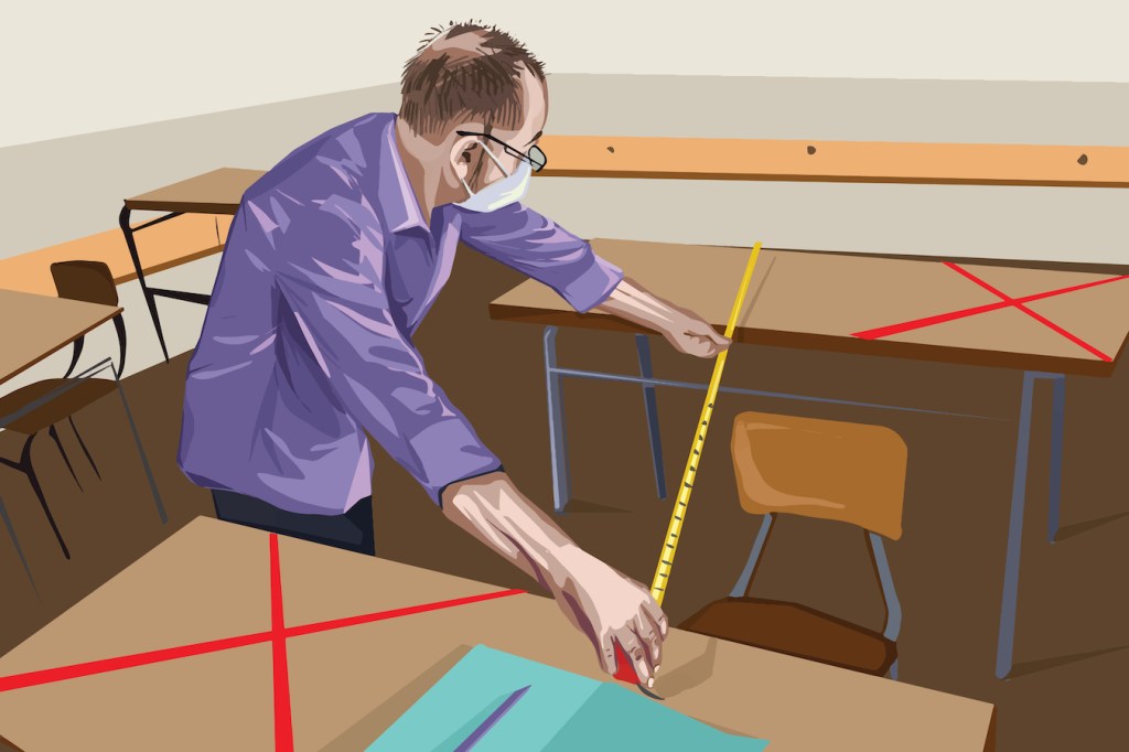illustration of male school teacher measuring distance between school desks