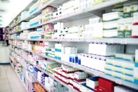 Shot of shelves stocked with various medicinal products in a pharmacy