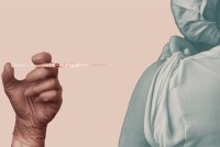 A gloved hand holding a syringe and a woman rolling up her sleeve are superimposed with a gap between them.