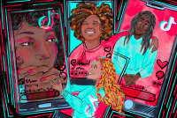 A digital illustration in watercolor and pencil. The image is made up of four smart-phone screens overlapped with one another. The screen on the left shows a Black woman with a thoughtful expression; her hands are linked and cover the lower half of her face. In the top center screen is a Black woman with an afro, smiling widely with her arm around the man in the screen to her right. He sits relaxed with his hands linked in his lap, and wears glasses. The bottom-middle screen shows a Black woman with long, blonde dreadlocks reaching out to the woman in the screen to her left. The palette of the image is neon-watermelon and cyan; TikTok's official colors.
