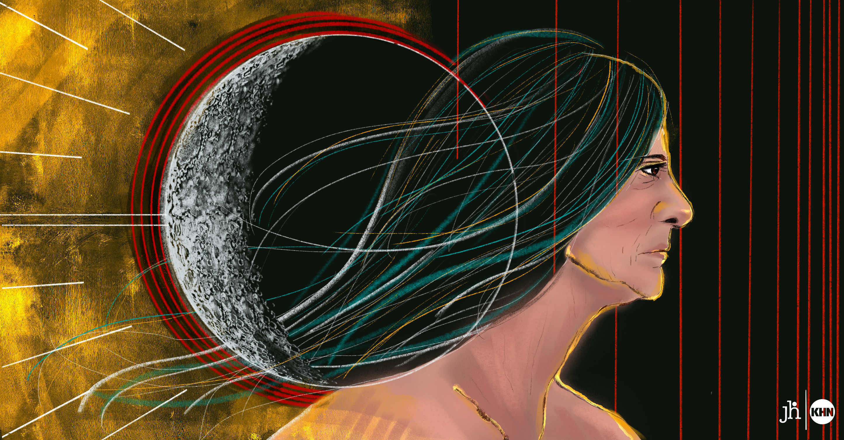 A digital illustration in watercolor and pencil. A white crescent moon overlaps with the right-facing profile of a Native American Woman. Thin, vertical red lines cover the right-hand side of the image, symbolic of bars in the legal system. On the left side of the image, a wash of gold highlights the moon, symbolic of hope.