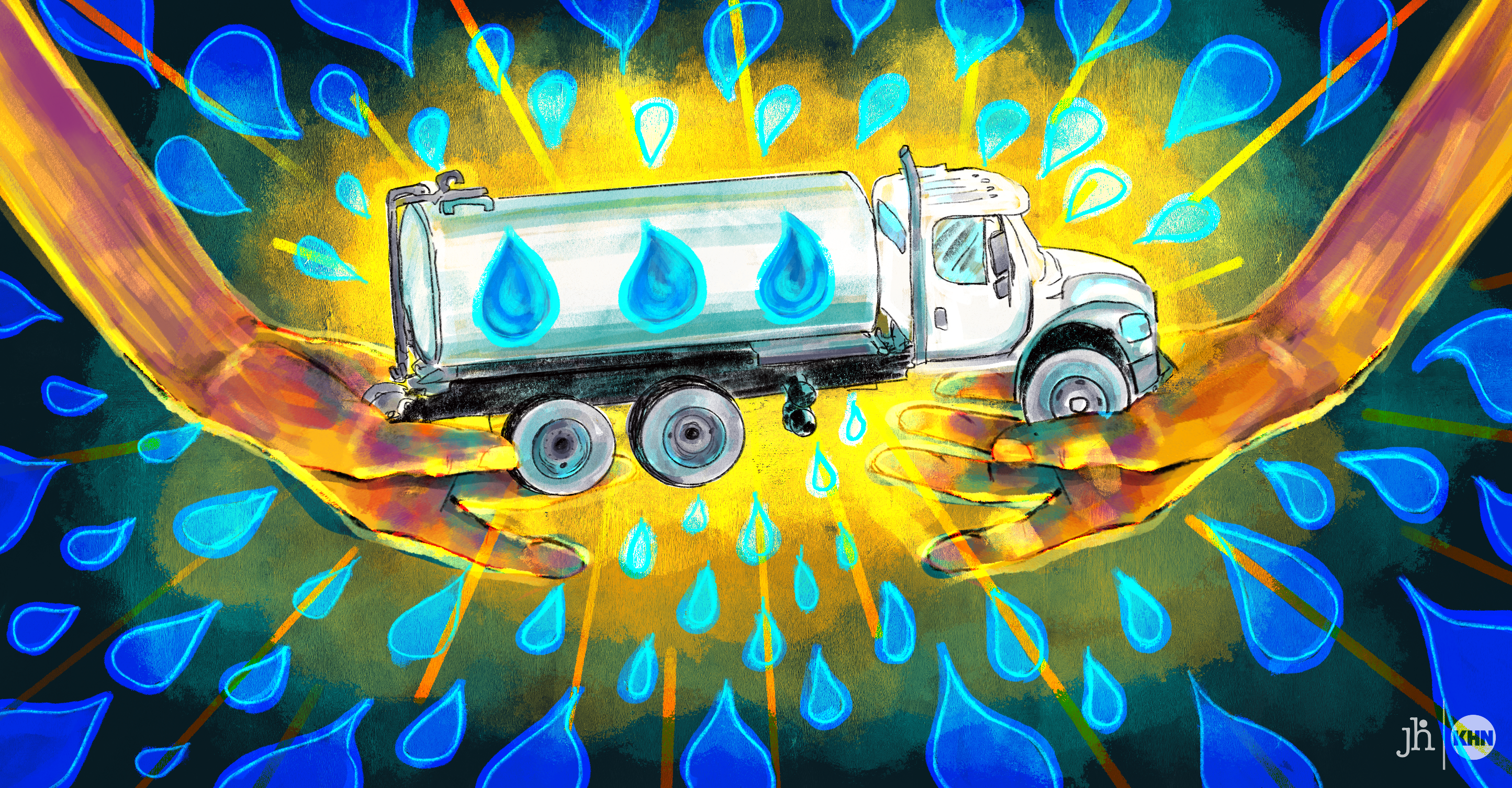 A digital illustration in watercolor and pencil. Two hands are seen holding a right-facing water tank truck. Bright blue water drops radiate outward from it. A golden yellow fades to black in the background, symbolic of the hope the water truck brings.