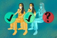A digital illustration in watercolor and pencil. Three figures are seen with their sleeves rolled up for vaccination. The first two are colored yellow, while the third (right) fades into the background. Overlayed over them, from left to right, are two green check marks and one red question mark.