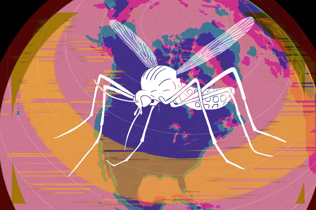 Digital illustration of a large white mosquito in front of a colorful globe with a glitch effect and a golden band around the middle.