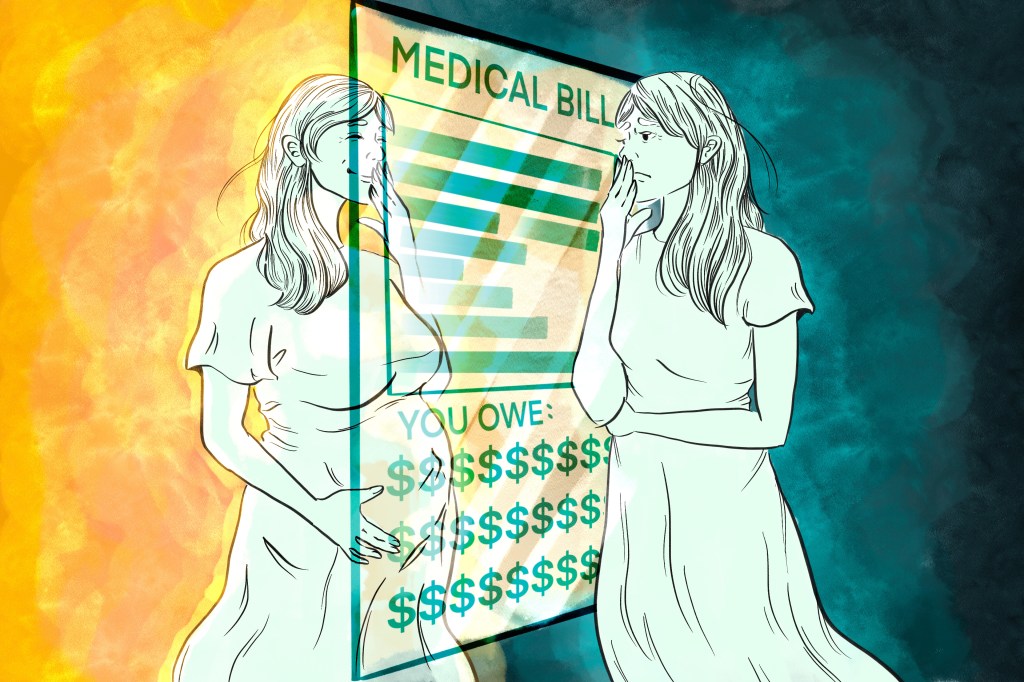 A digital illustration in ink and watercolor. A worried woman looks through a mirror-like medical bill at her other self, who is happily pregnant. The background around the pregnant woman is a warm, radiating gold, while the background around the worried woman is cool, dark blue tones.