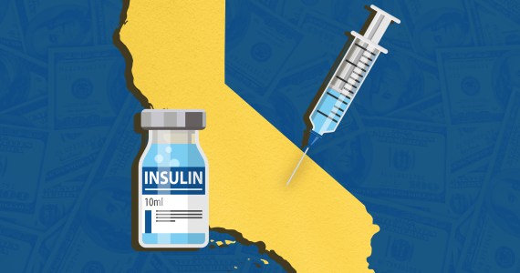 A photo illustration shows a vial of insulin and a syringe on top of the state of California, tinted yellow. The blue background is faintly textured with $100 bills.