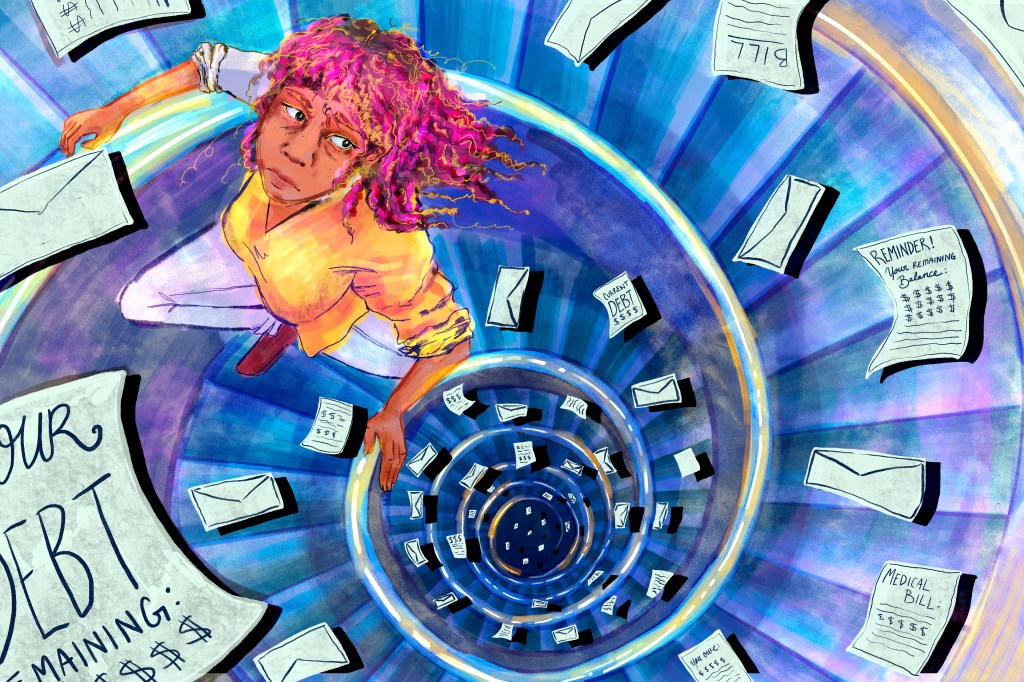A digital illustration in pencil and watercolor. A woman with pink, curly hair climbs up a spiral staircase. She is trying to avoid medical bills that fall from above like heavy snowfall. The staircase is colored various shades of vibrant blues and darken s at the center to appear bottomless. The image looks to be a dreamscape or nightmare of medical debt.