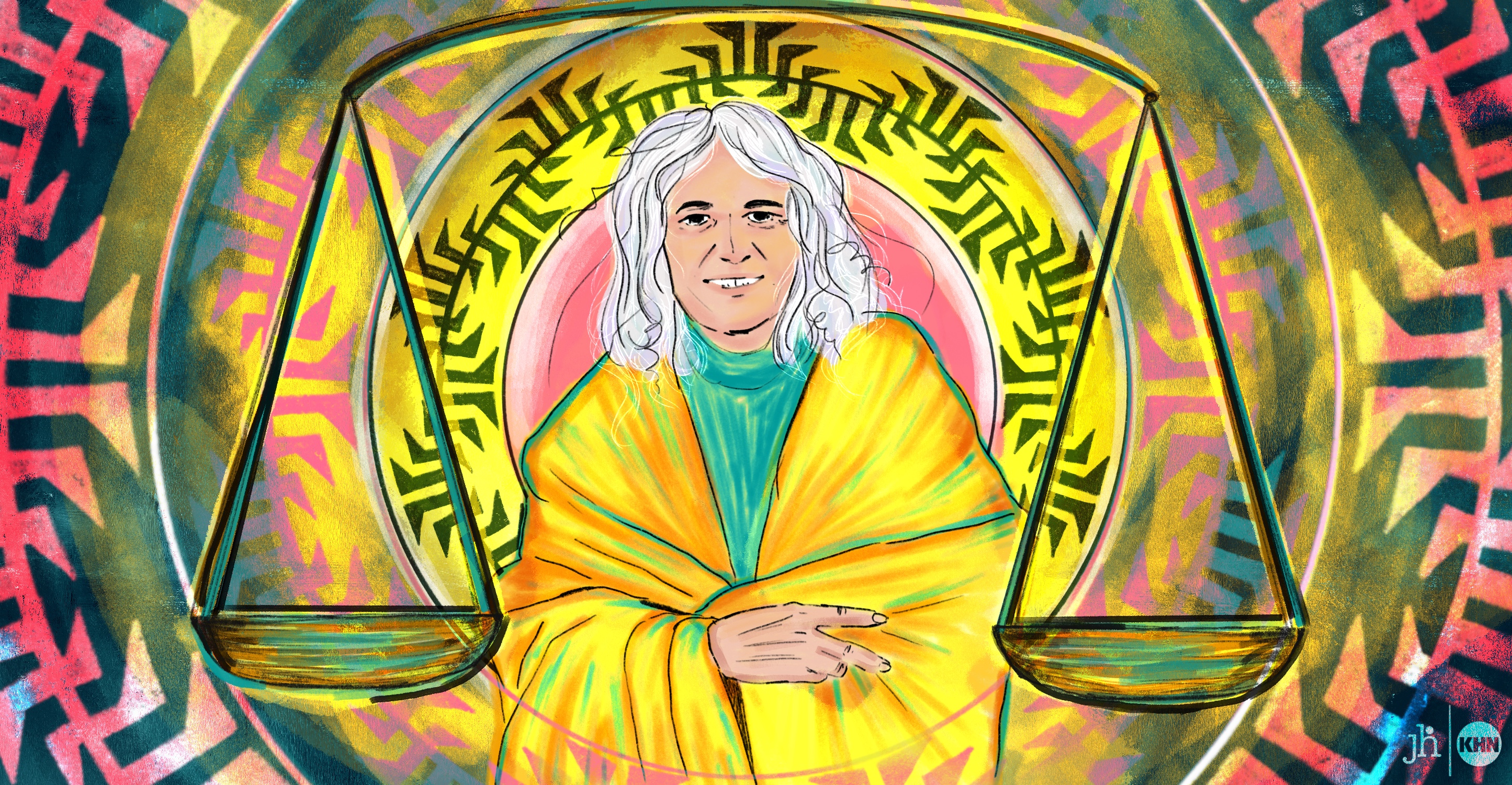 A digital illustration in watercolor and pencil. Judge Abby Abinanti is in the center of the image, painted in warm gold tones with highlights of teal and pink. Behind her, in a centered circle, is a pattern which represents the Yurok Tribe. A pair of Scales of Justice hang at each of her sides.