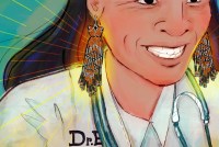 A digital illustration in pencil and watercolor. A smiling Indigenous woman wearing is wearing doctor's coat and has a stethoscope around her neck. She wears a pair of dangly beaded earrings which are orange, black, and white. The earrings appear to be radiating light, to emphasize their importance in the image.