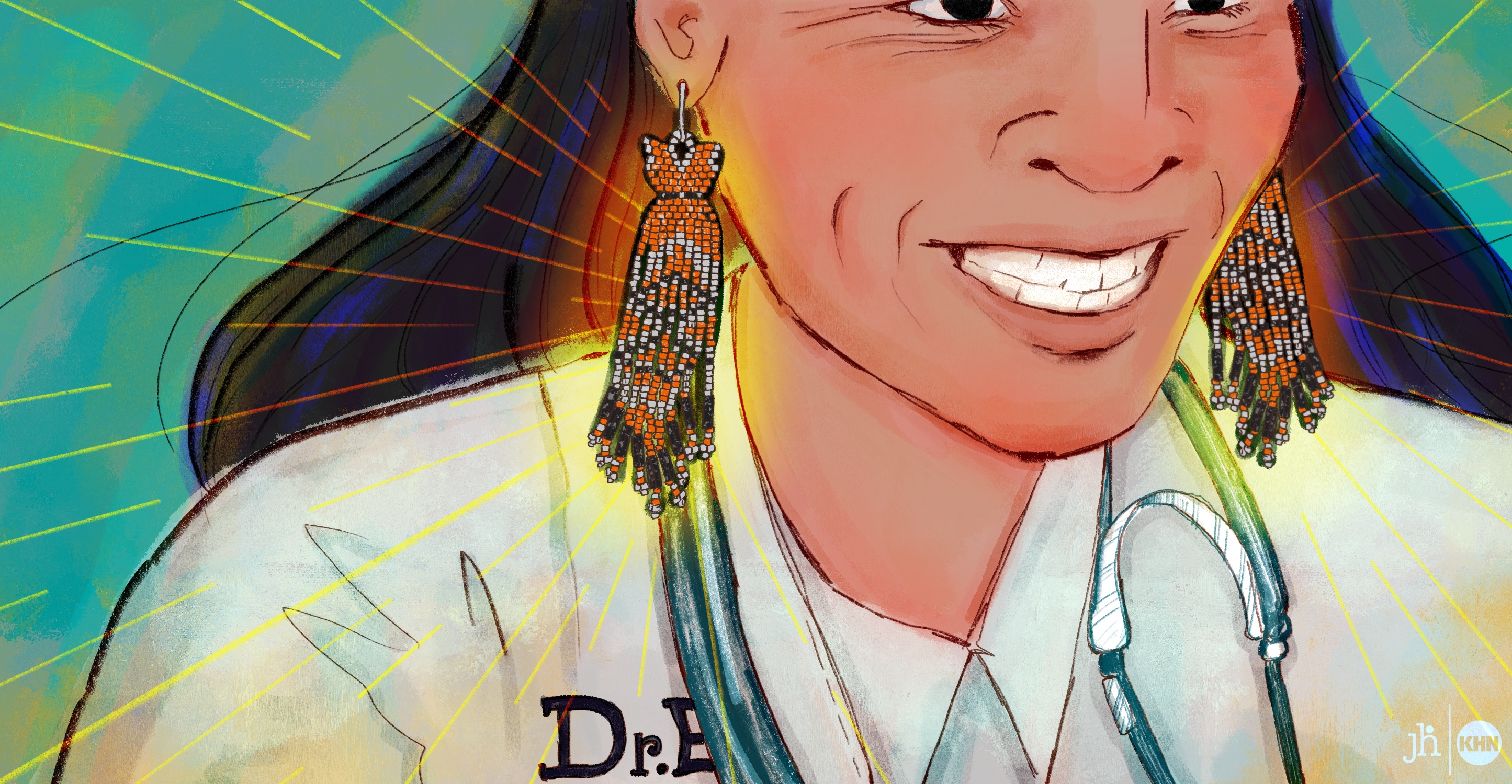A digital illustration in pencil and watercolor. A smiling Indigenous woman wearing is wearing doctor's coat and has a stethoscope around her neck. She wears a pair of dangly beaded earrings which are orange, black, and white. The earrings appear to be radiating light, to emphasize their importance in the image.