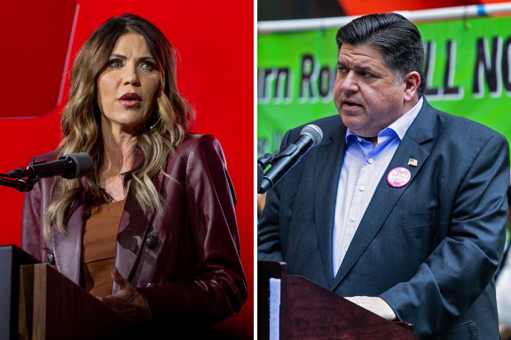 Two photos are shown side-by-side. The left photo is of Governor Kristi Noem, seen speaking on a stage. The right is of Governor J.B. Pritzker, seen speaking outside.