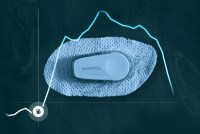 A photo illustration shows a Dexcom continuous glucose monitor with a rising and falling blood glucose reading superimposed on top of it.