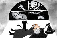 A pen and ink cartoon depicting a witch lying on the floor, staring in horror at her cell phone. A black cat stands on her stomach and is pawing at the window above them. Outside, you can see ghostly depictions of the following viruses: covid-19, ebola, monkeypox, and influenza.
