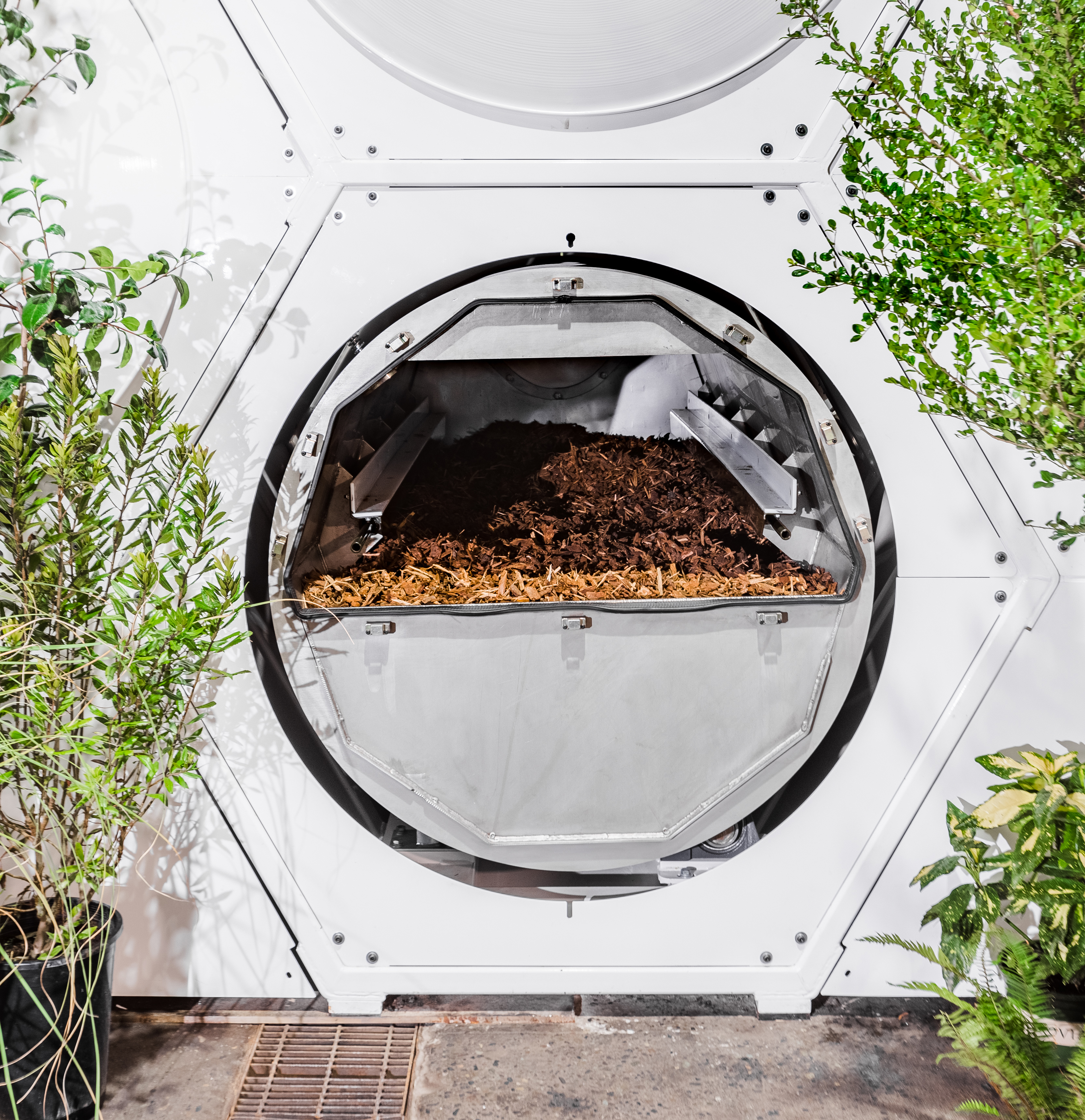 A photo shows a close up of a Recompose composting vessel filled with mulch and surrounded by green potted plants.
