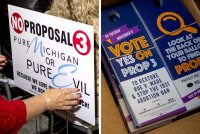 Two photos are shown side by side. The left is of a woman's hands holding a sign telling voters to vote "no" on Proposition 3, with text under that reads, "Pure Michigan or Pure Evil." The right is of a stack of door knob signs that read, "Vote yes on Prop 3 to restore Roe v. Wade & stop the 1931 abortion ban."