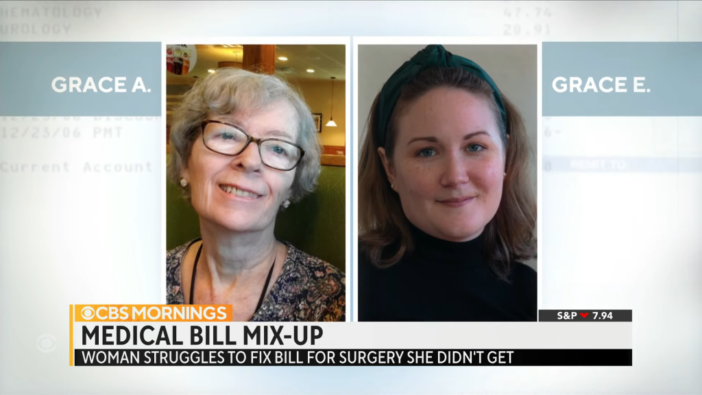 A still from a CBS News TV segment shows two photos, an older woman and a younger woman, side by side. Text underneath reads, "Medical bill mix-up. Woman struggles to fix bill for surgery she didn't get."