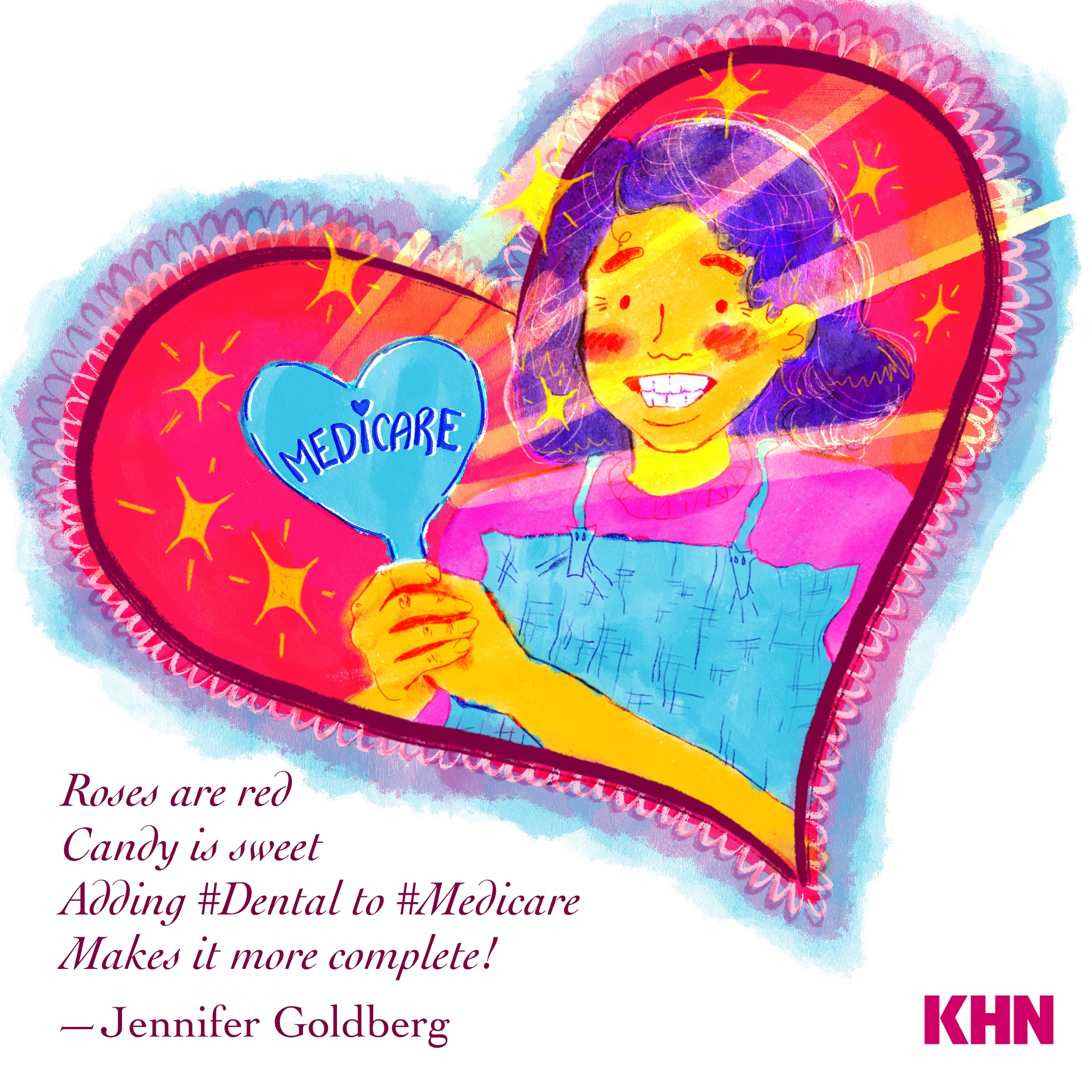 A Valentine's day cartoon showing a woman smiling  broadly while holding a mirror that reads "MEDICARE"