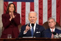 A photo shows President Biden speaking during the State of the Union address.