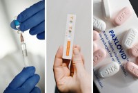 Three photos are shown side-by-side. From left to right are a photo of a covid vaccine; a photo of a covid rapid test; a photo of Paxlovid.
