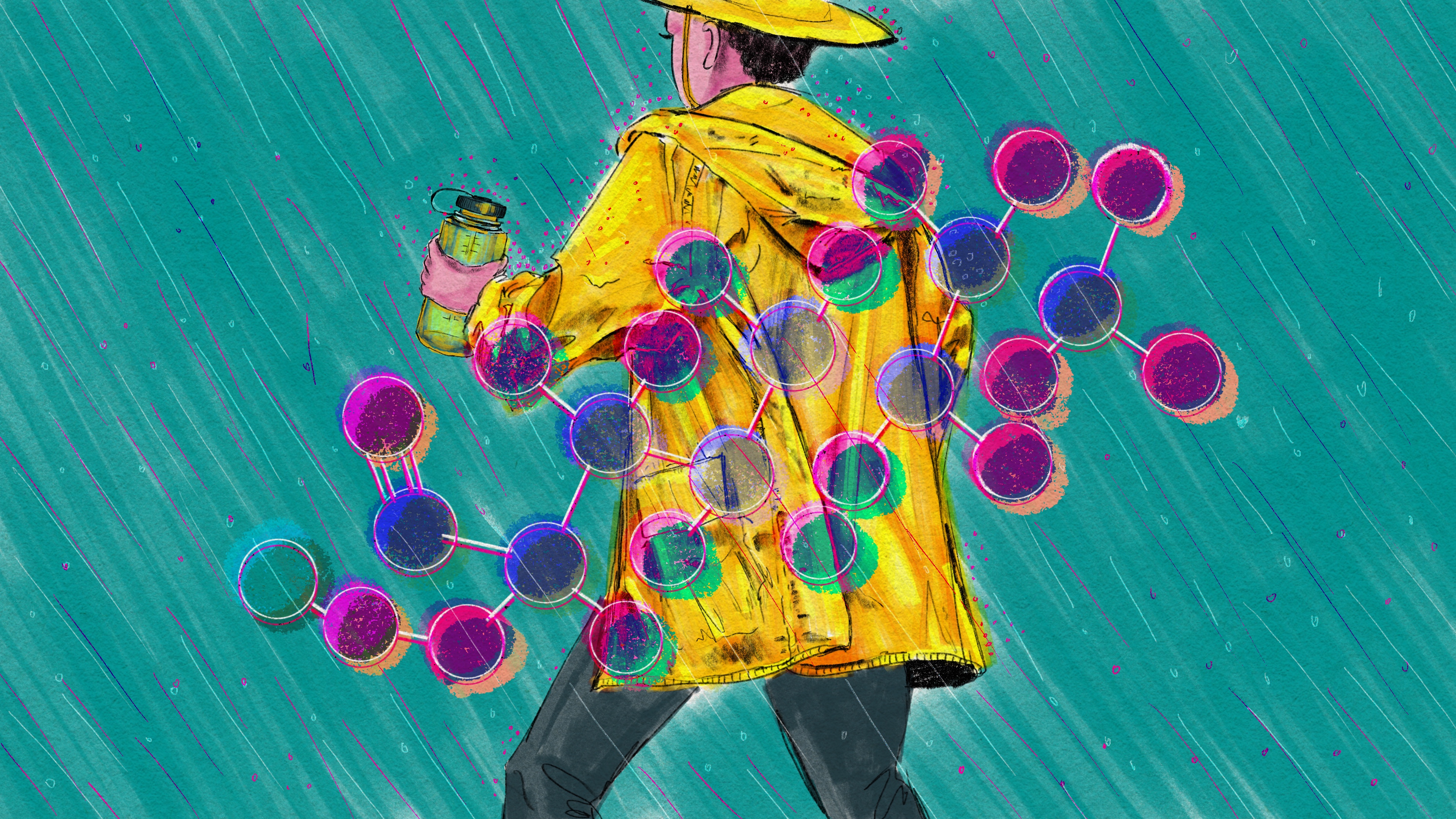 A digital illustration in pencil and copic marker shows the rear view of a person wearing a yellow raincoat and hat. A drawing of the chemical structure of perfluoroalkyl, or PFAS, is overlaid over the person in vivid colors.