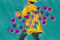 A digital illustration in pencil and copic marker shows the rear view of a person wearing a yellow raincoat and hat. A drawing of the chemical structure of perfluoroalkyl, or PFAS, is overlaid over the person in vivid colors.