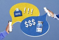 An illustration of two hands holding phones as large chat bubbles pop out from each phone. The chat bubble on the left shows a voting ballot box and exclamation points. The bubble on the right shows an insulin vial with dollar signs.