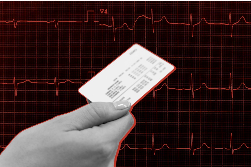 A photo illustration shows a woman handing over a health insurance card over an abstract background of a pulse reading.