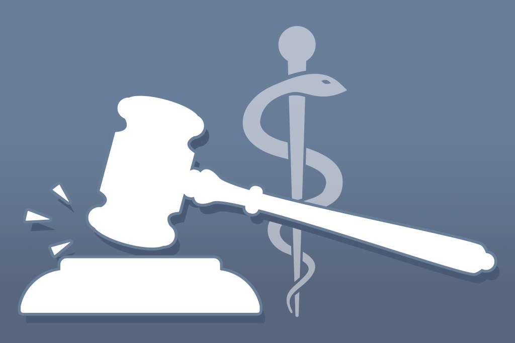 An illustration of a gavel and the rod of Asclepius against a dark backdrop.