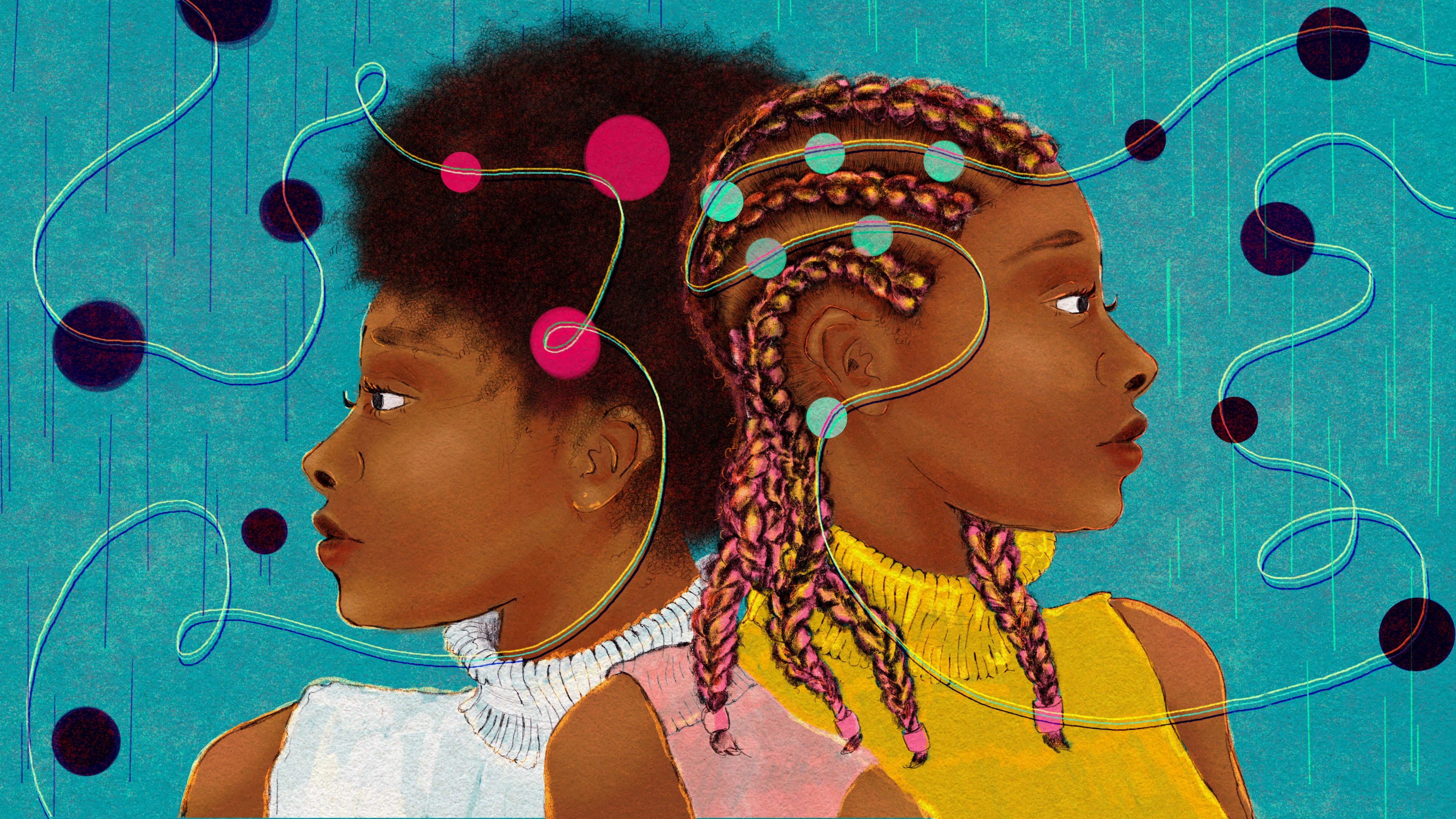 A digital illustration in bright copic marker and pencil shows a Black woman back-to-back with a mirror image of herself. On the left side, she wears her hair in a natural afro — the way, she was told, was required for an EEG procedure, allowing no product or protective styles. The version of herself on the right shows her hair in protective braids, which are separated to reveal parts of her scalp where an EEG device would need to be placed. That hairstyle would actually make it easier to get an accurate reading from the procedure, despite the instructions she was given.
