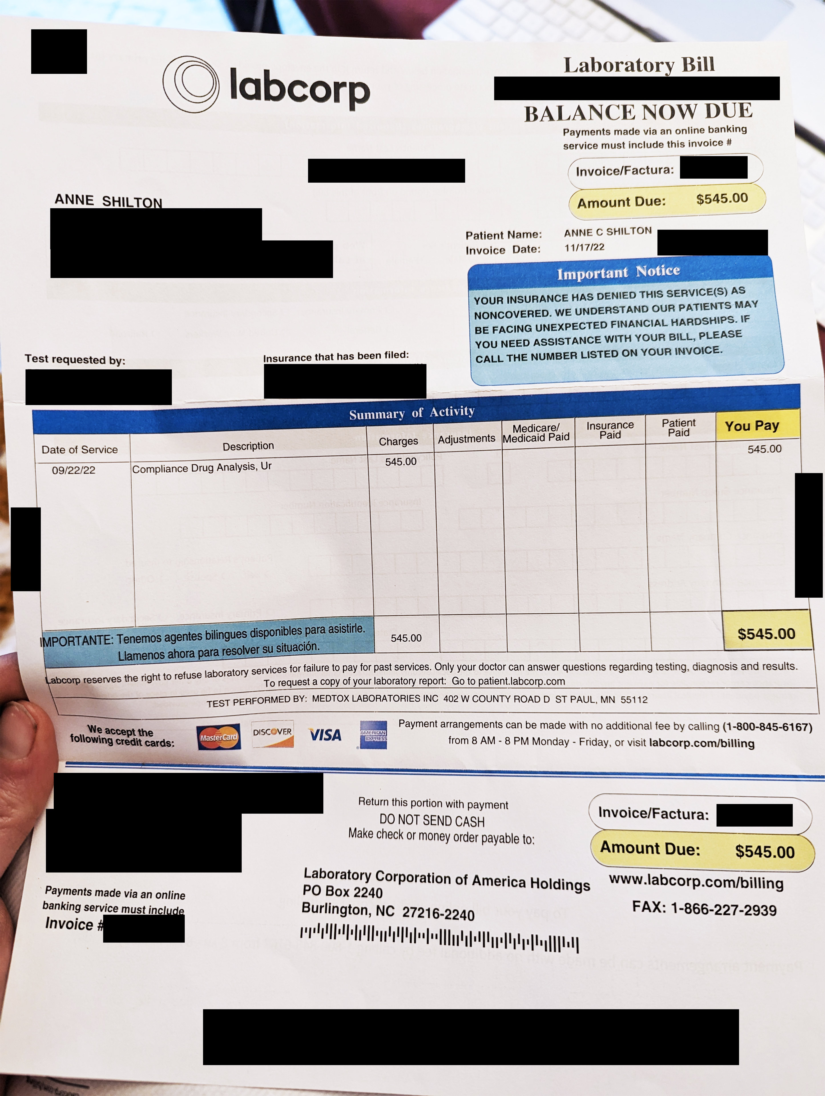 A photo of a $545 urine test bill.