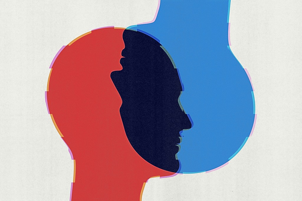 A photo illustration of a two faces in profile (one red, one blue) overlapped.
