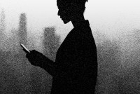 An illustration of a woman using her phone that is distorted with a flickering film grain.