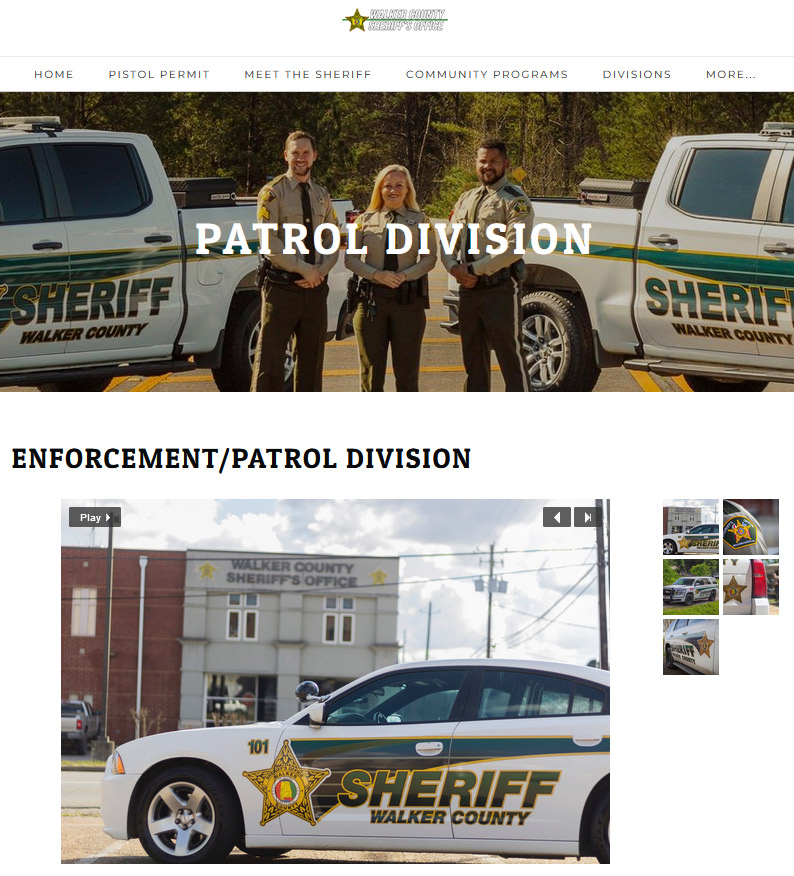 A screenshot of a sheriff's website showing a patrol car parked in front of a sheriff's office.