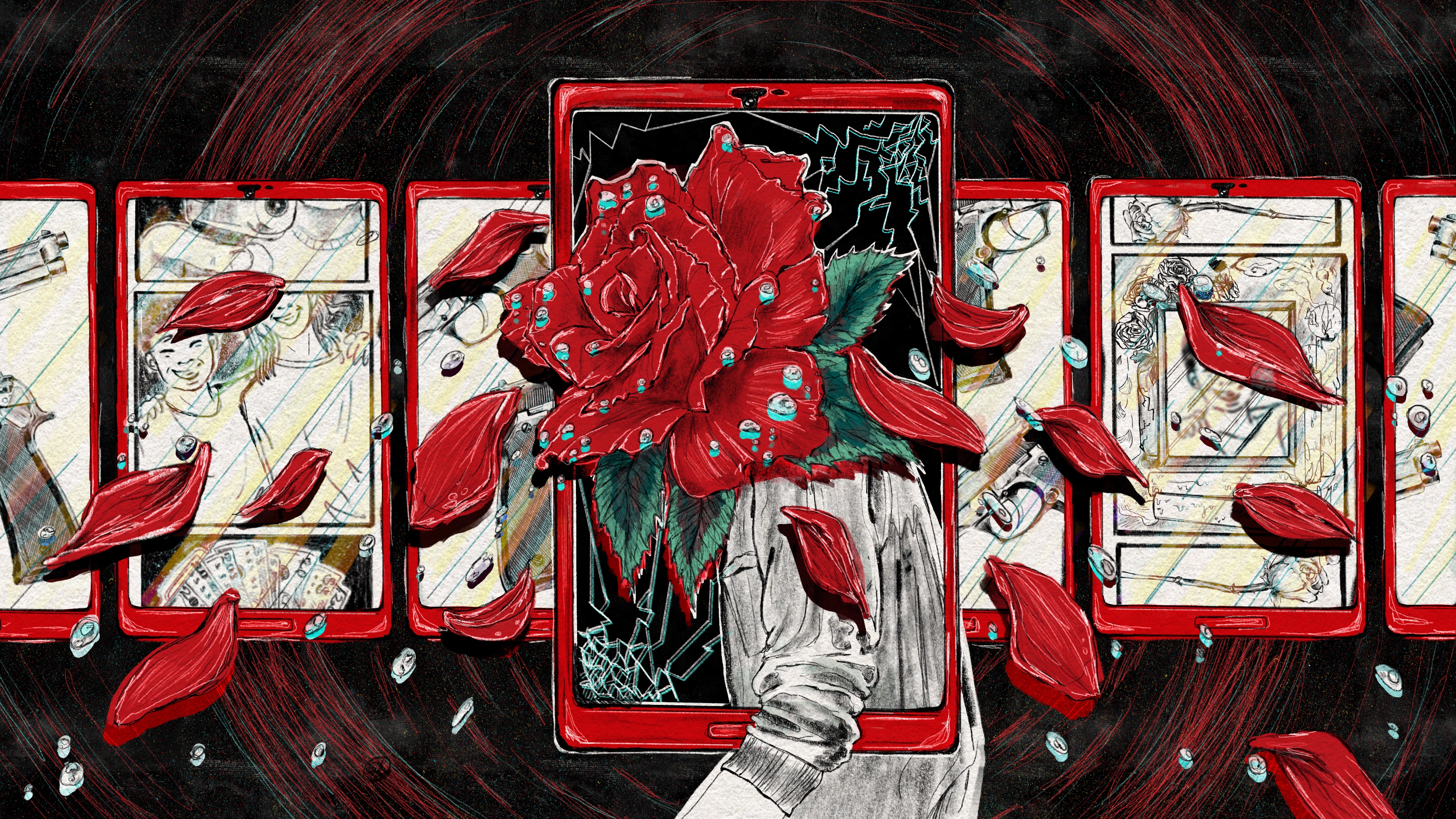 A digital drawing, made with black pencil and red and neon-blue gouache, shows a teenager standing in the center. The figure’s human head has been replaced with a red rose, which is losing its petals. The rose petals fall around the figure with drops of water, symbolizing tears. The figure’s body is half within a broken smartphone, the frame of which is colored the same red as the rose. In the background, smaller red cellphones are aligned horizontally. Their screens show a combination of guns, a happy human teen with a friend, and a memorial of the same teen. Behind everything, the base background is black and ominous.