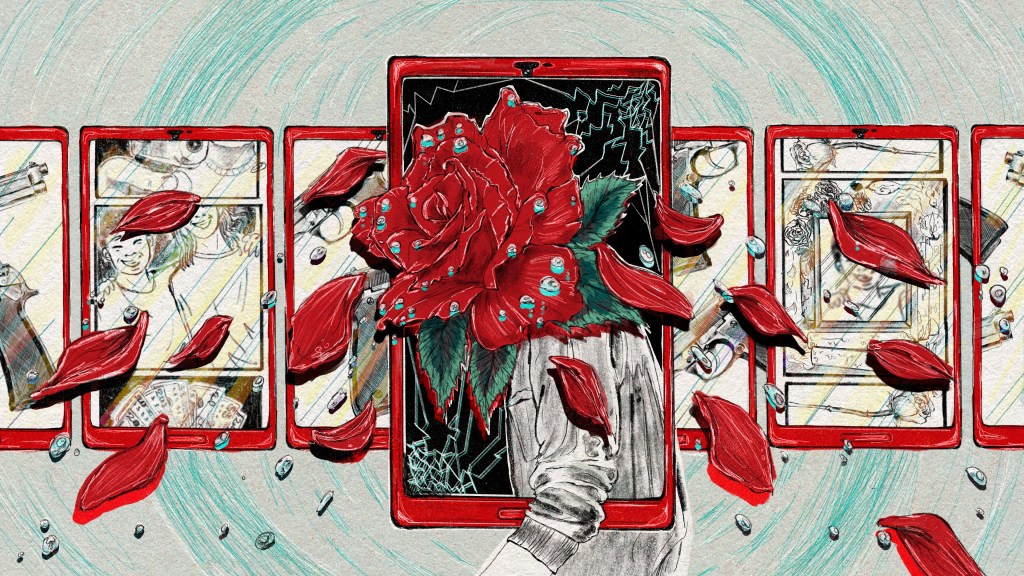 A digital drawing, made with black pencil and red and neon-blue gouache, shows a teenager standing in the center. The figure’s human head has been replaced with a red rose, which is losing its petals. The rose petals fall around the figure with drops of water, symbolizing tears. The figure’s body is half within a broken smartphone, the frame of which is colored the same red as the rose. In the background, smaller red cellphones are aligned horizontally. Their screens show a combination of guns, a happy human teen with a friend, and a memorial of the same teen.