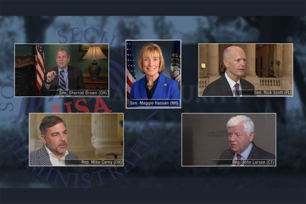 A split-screen photo showing Senator Sherrod Brown, Senator Maggie Hassan, Senator Rick Scott, Representative Mike Carey, and Representative John Larson.