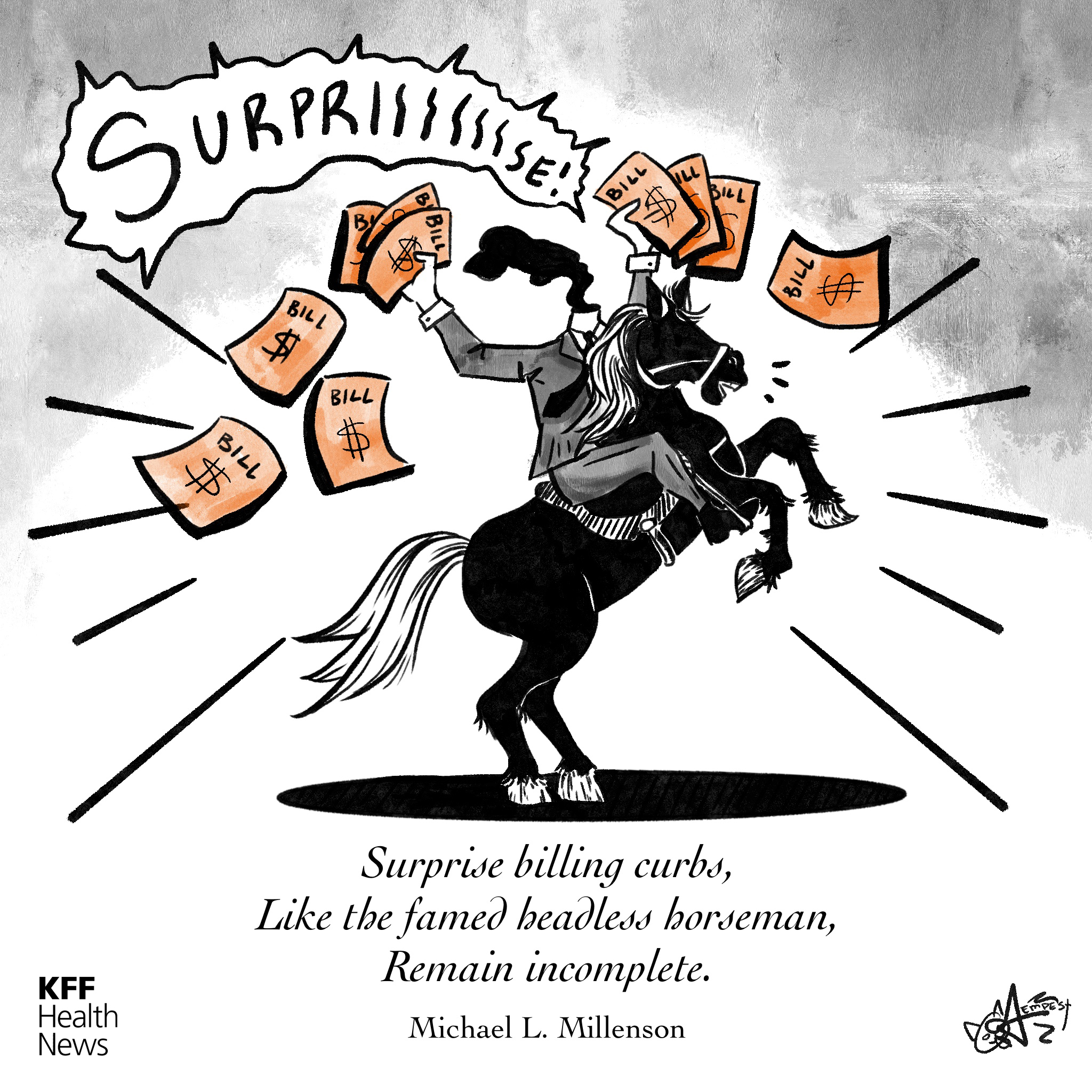 A black and white cartoon drawing shoes a headless horseman holding surprise medical bills while yelling, "surpriiiiiise!" Below him, a haiku reads: "Surprise billing curbs, / Like the famed headless horseman, / Remain incomplete."