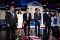 A photo of five Republican candidates standing on stage at the third GOP debate of the 2024 election season.