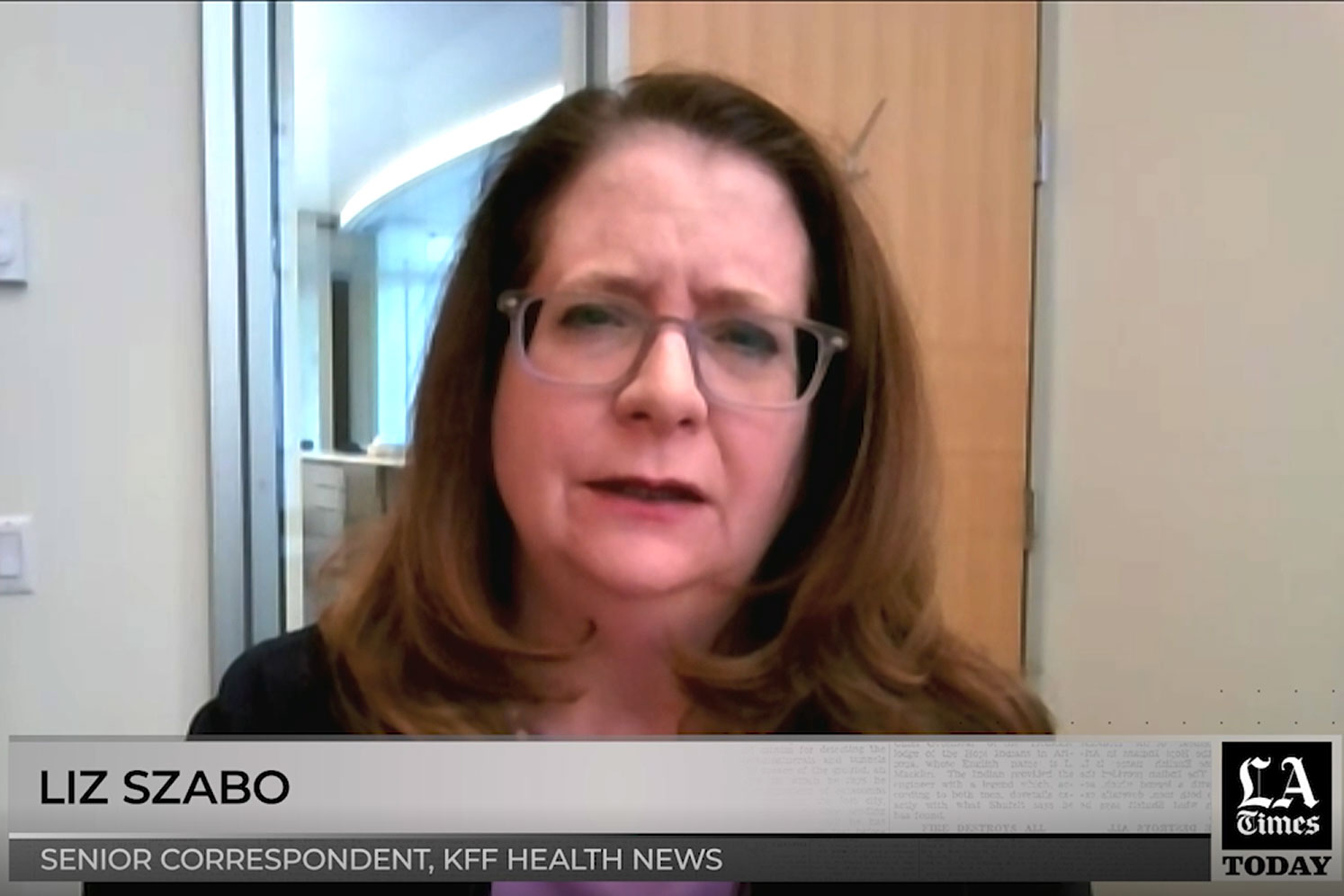 A woman looks at the camera and speaks. The lower third reads "Liz Szabo, Senior Correspondent, KFF Health News" and "Los Angeles Times Today".