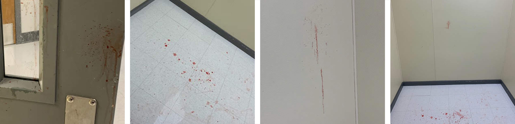 Four photos of a small, empty room with white tiles and a white wall show splattered blood in different areas.
