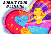A digital illustration of a woman at the dentist. She holds a heart-shaped mirror, which on the back says, "medicare." She is smiling. Behind her is a large heart. It is a valentine card.
