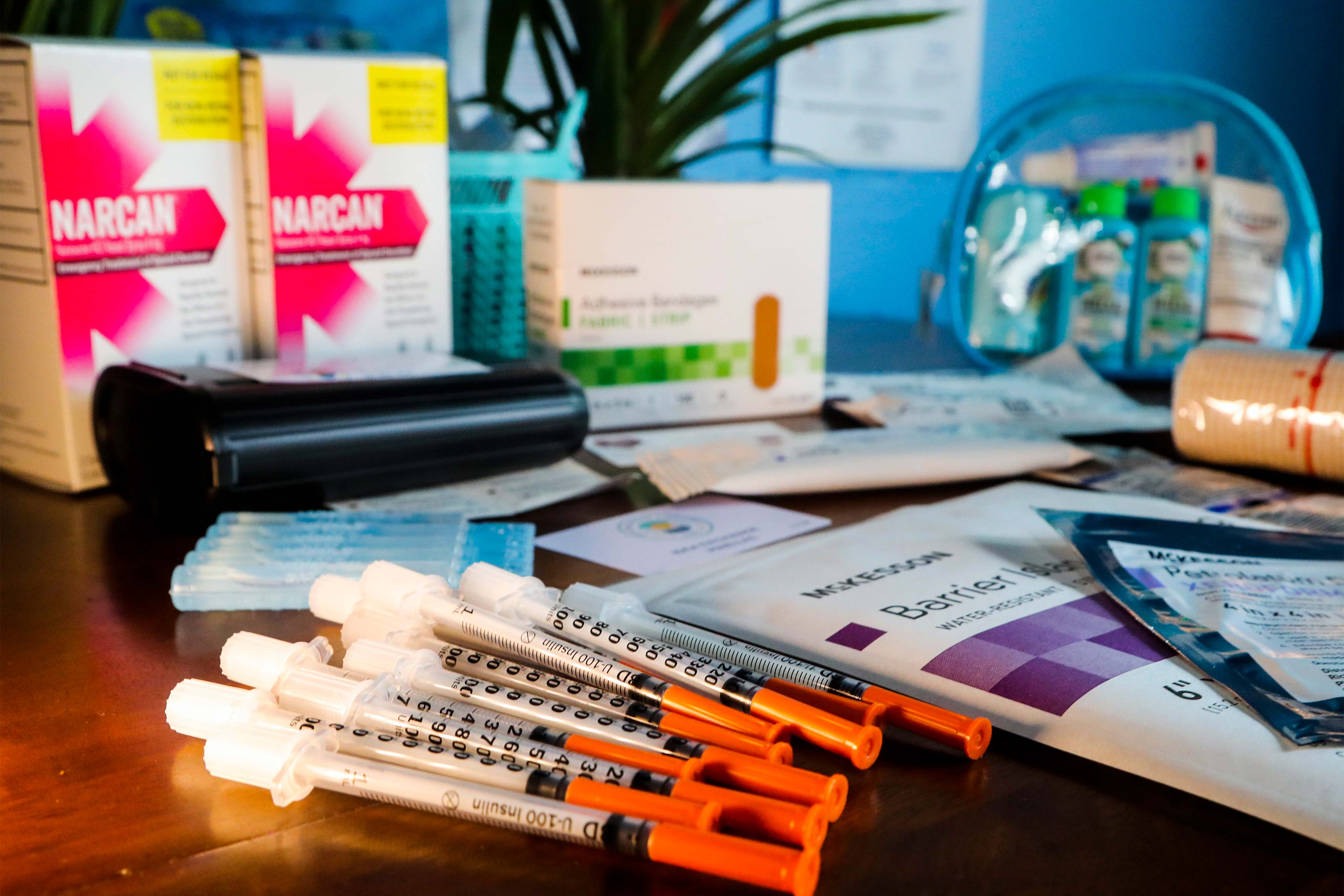 A photo of various medical supplies arranged on a table.