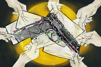 A digital illustration of a circle of hands extending from the edge of the image, each holding a sheet of paper. The papers overlap in the center and, like a puzzle, come together to reveal a drawing of a handgun. The gun is partially pixelated, representing the data and information each person is adding to the pile. In the background, a yellow spotlight made of Ben-Day dots eclipses the research over a textured black background.