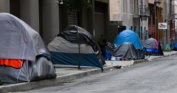 A photo of a row of tents set up in a homeless encampment.
