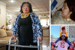 Three photos are shown in a collage. The left photo is a portrait of a woman standing indoors with a walker. The top right photo shows a woman in a hospital bed. The bottom right photo shows a man in a Kansas City Chiefs jersey carrying his daughter on his shoulders.