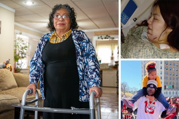 Three photos are shown in a collage. The left photo is a portrait of a woman standing indoors with a walker. The top right photo shows a woman in a hospital bed. The bottom right photo shows a man in a Kansas City Chiefs jersey carrying his daughter on his shoulders.